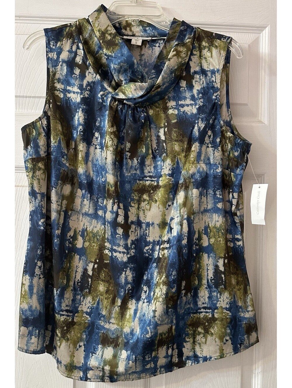 Coldwater Creek blue green Abstract sleeveless Cowl Neck blouse top XL Artsy